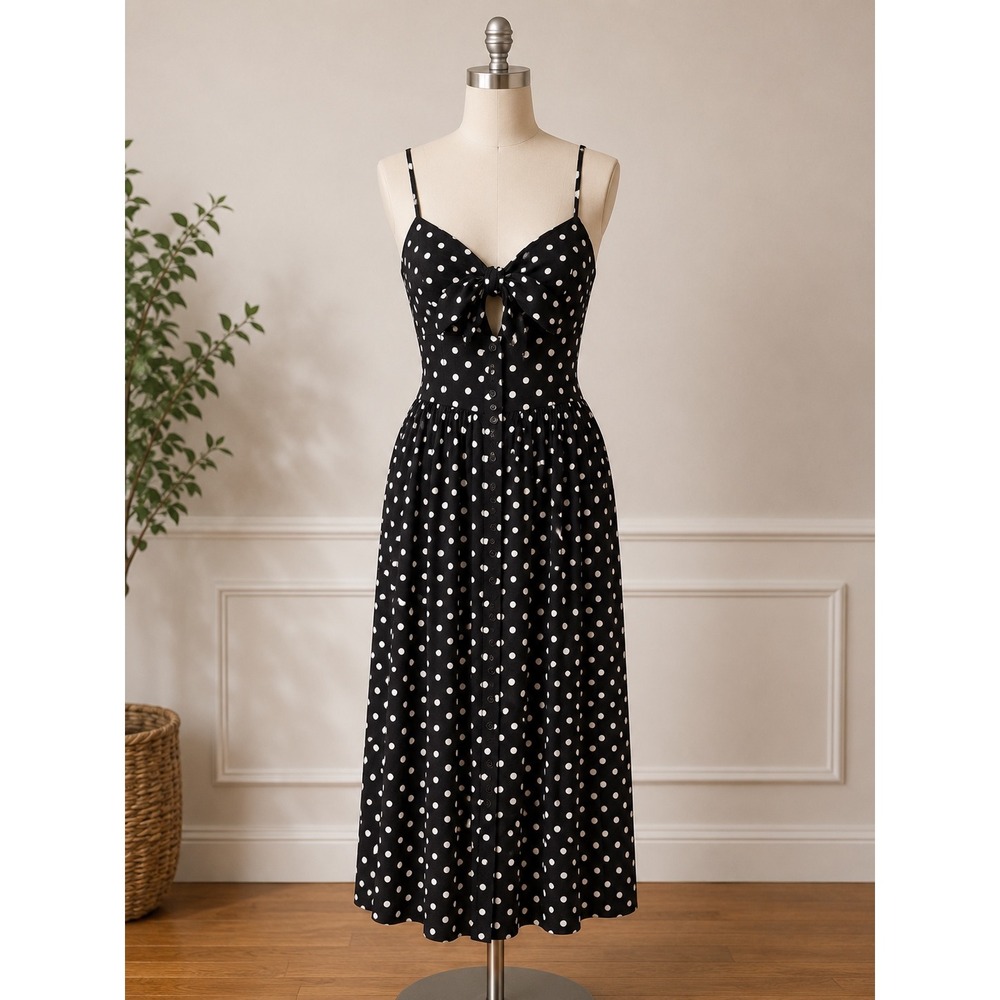 Xhilaration Polka Dot Dress Womens M Black Rayon Nylon Sun Dress Midi Retro